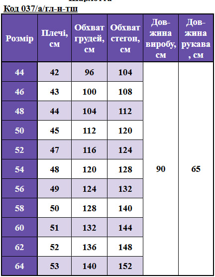 Таблица размеров