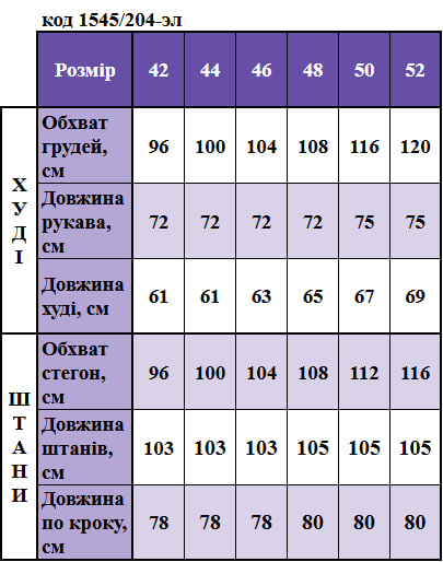 Таблица размеров