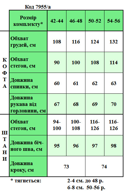 Таблица размеров